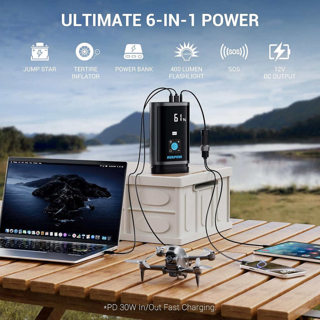 AVAPOW JP3 | 3000A Akü Takviye Cihazı & Lastik Şişirme Kompresörü | 16000mAh