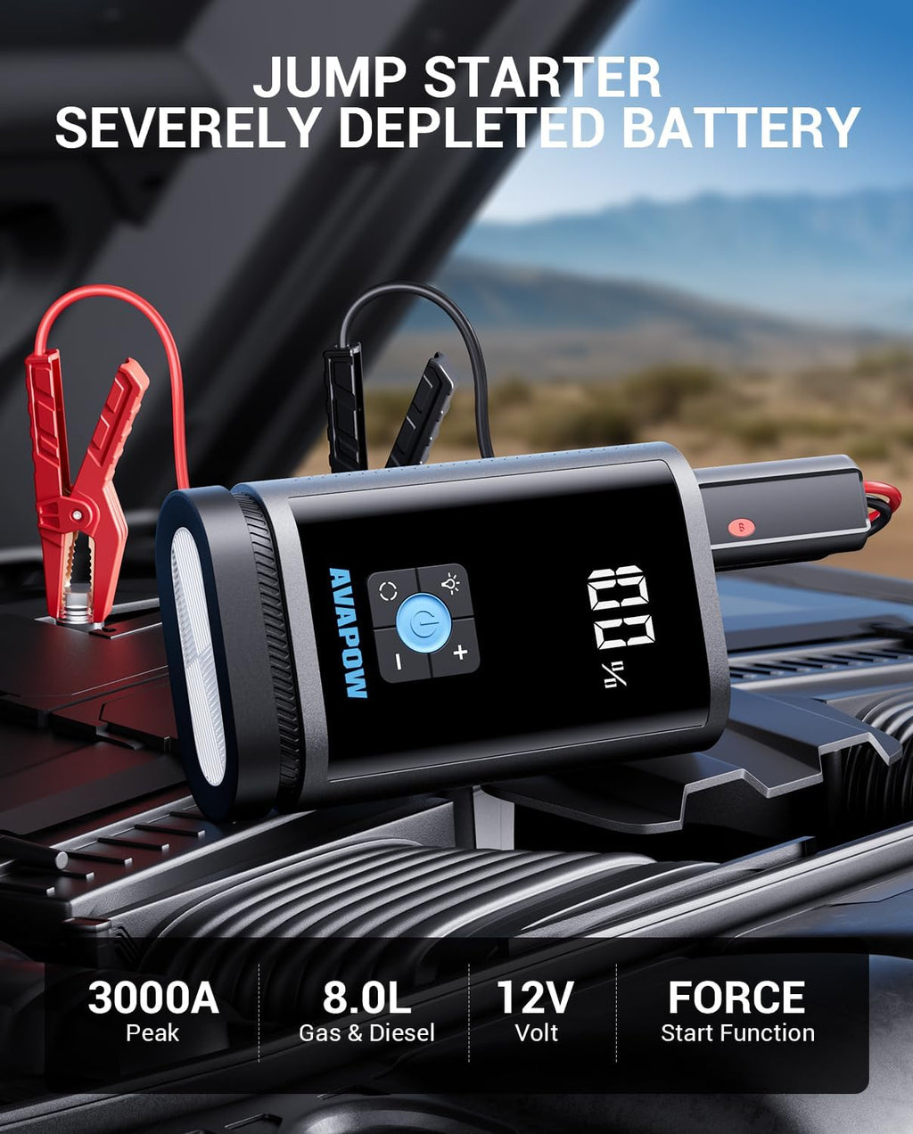 AVAPOW JP3 | 3000A Akü Takviye Cihazı & Lastik Şişirme Kompresörü | 16000mAh