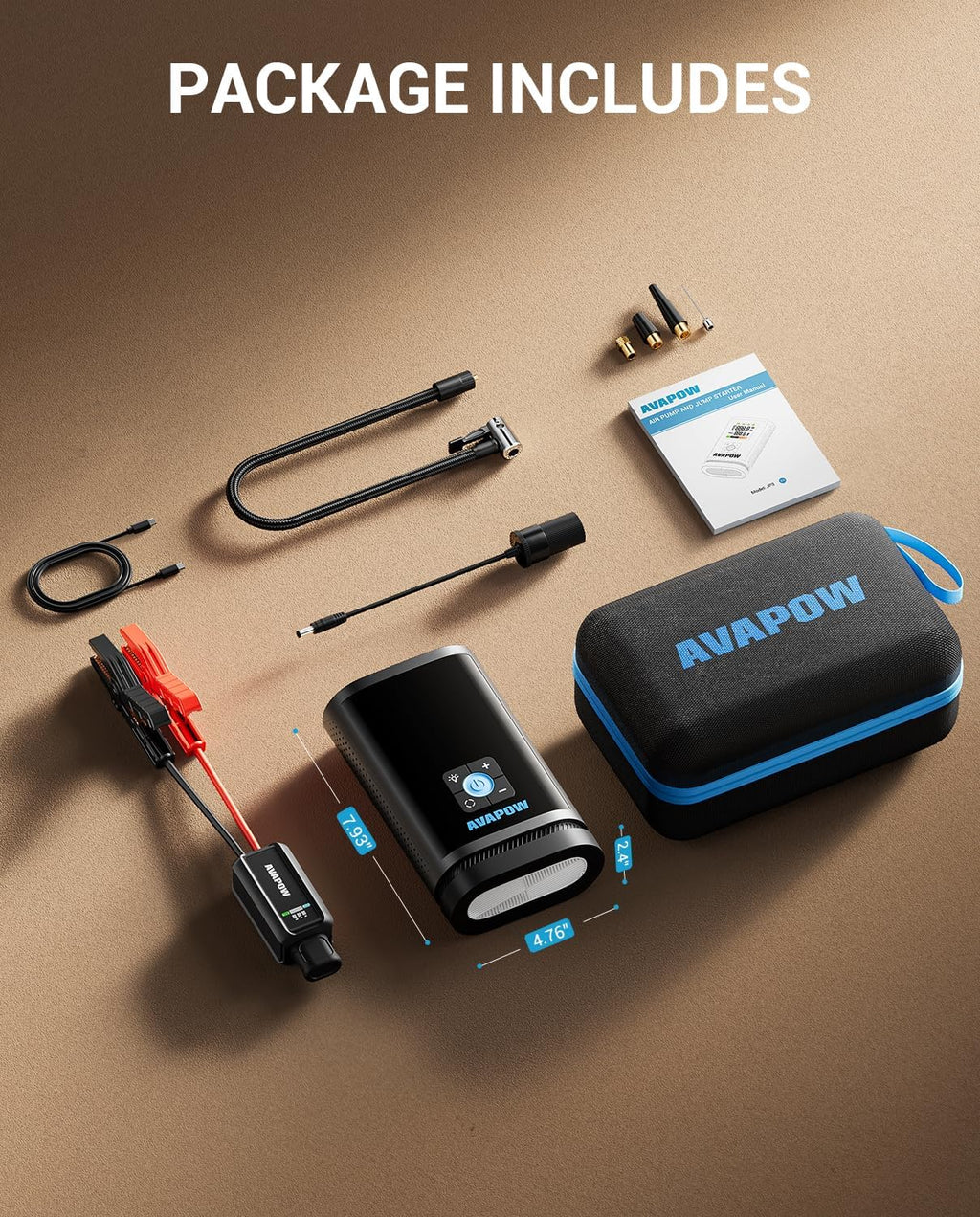 AVAPOW JP3 | 3000A Akü Takviye Cihazı & Lastik Şişirme Kompresörü | 16000mAh