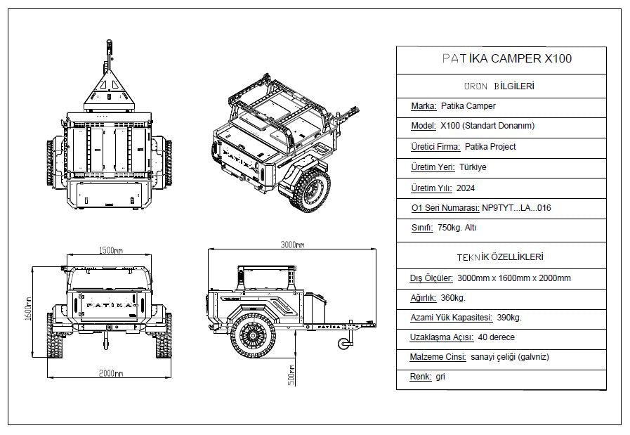 Patika Camper X100 Camping Trailer Standard Equipment