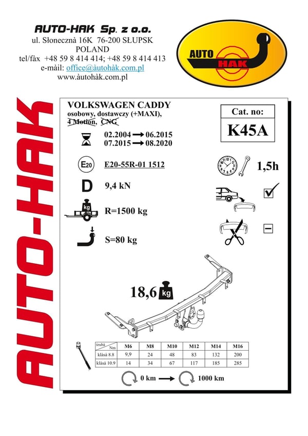 Volkswagen Caddy Anhängerkupplung Horizontal Abnehmbar mit Hebelverschluss 2004-2020 | K45A